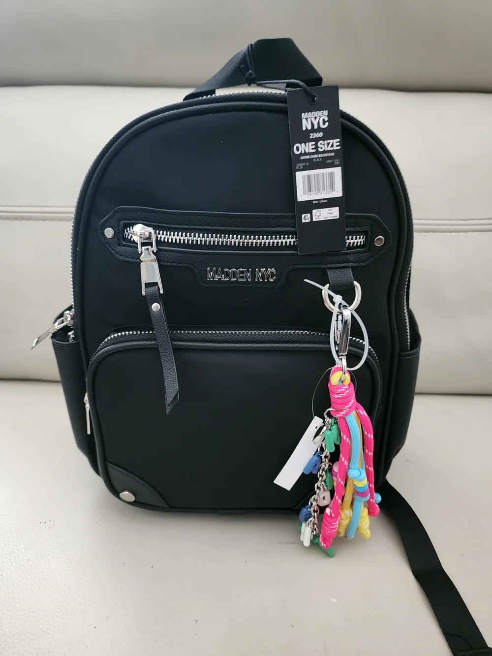 Madden NYC Black Mini Backpack with Colorful Keychain Accent